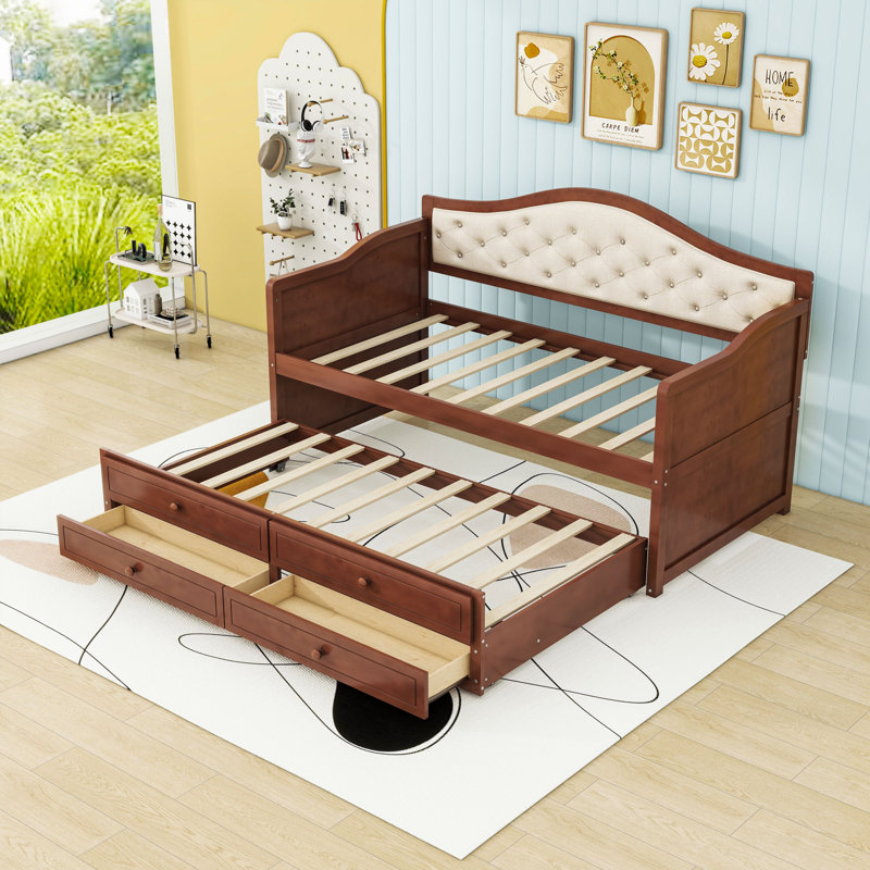 Twin Wooden Daybed with Trundle and 2 Drawers, Walnut