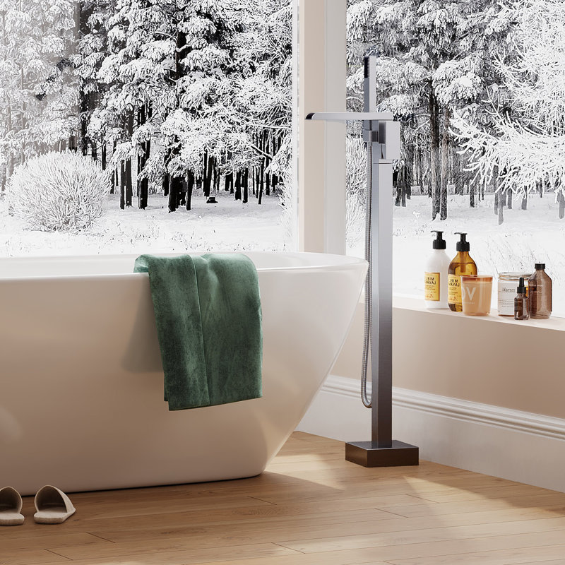 Robinet de baignoire à fixation au sol GarveeHome, robinet de baignoire autoportant à poignée simple avec douche à main, robinet de salle de bain pivotant à 360 degrés