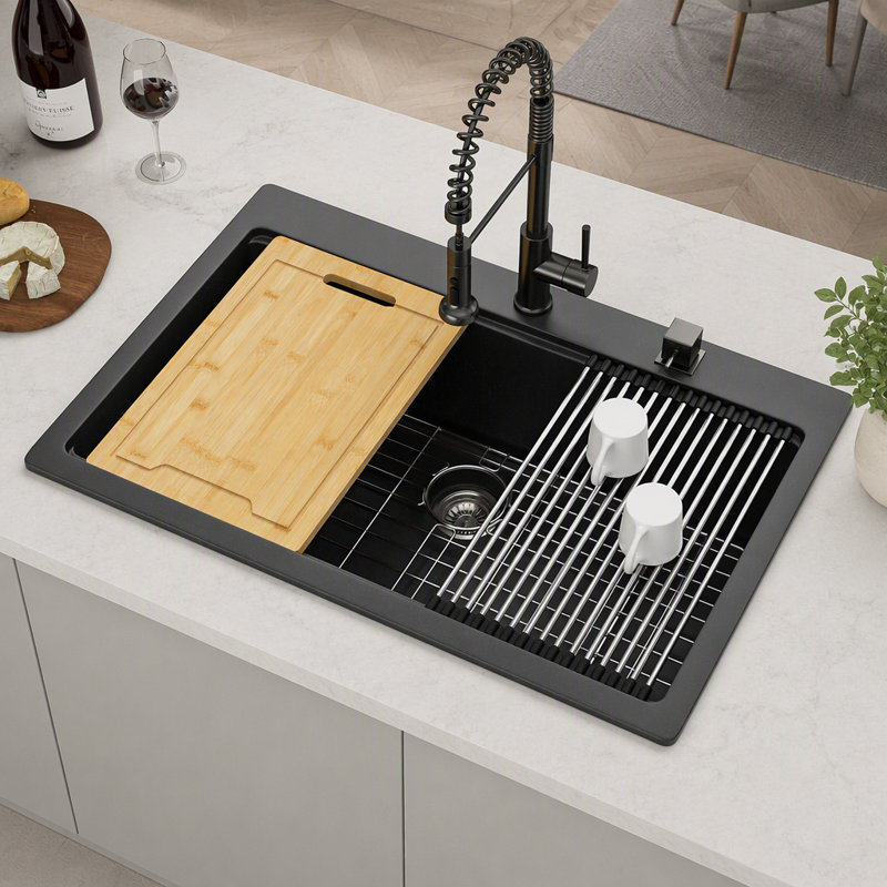 Durable Granite Composite Workstation Drop-In Kitchen Sink with Noise Reduction and Easy Clean Smooth Surface