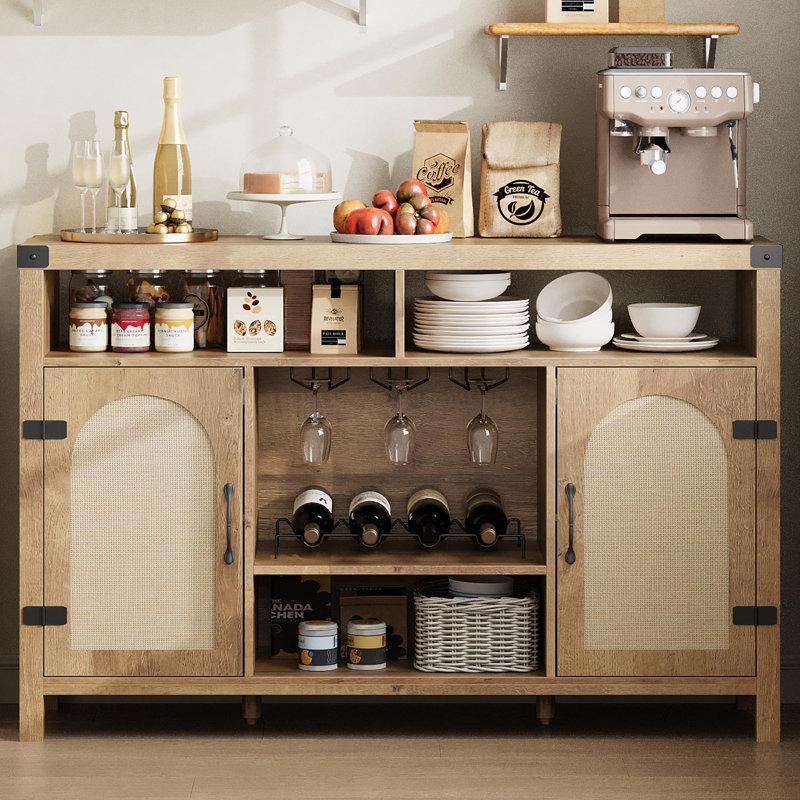 52" Rattan Sideboard Buffet Cabinet with Drawer, Wine Racks &Open Shelves, Boho Coffee Bar Cabinet, Natural