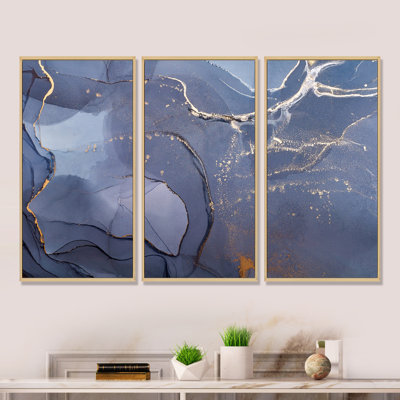 Encre liquide grise et bleue, art moderne, ensemble de 3 toiles encadrées modernes