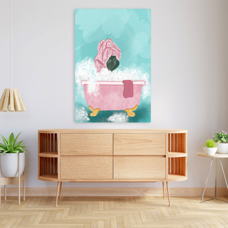 Art contemporain chien Pampered Pug Bath, H 48 po x l 32 po