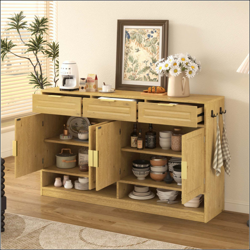 Farmhouse Sideboard With 3 Drawers & 4 Doors,Multi-Functional Storage Buffet With Adjustable Shelf And Open Storage Compartments, Suitable For Dining Room, Living Room, Entryway.