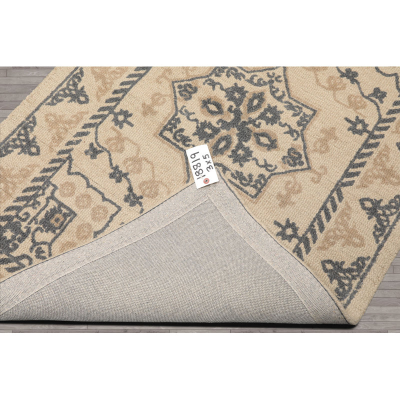 Beige Hand Tufted Geometric Wool Runner Multi Sizes Oriental Area Rug, Rectangle 3' x 5'