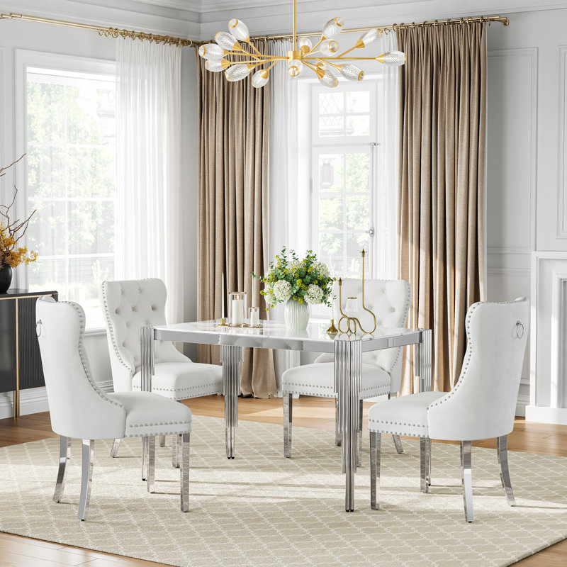 5-Piece Dining Table Set, 48" White Marble-Pattern Glass Table, 4 Velvet Chairs, Stainless Steel Frame, Kitchen & Living Room Furniture Set