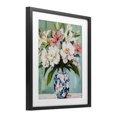 Lily Florals in Chinoiserie Vase Framed Print Under Glass, design by Petal Prints Design