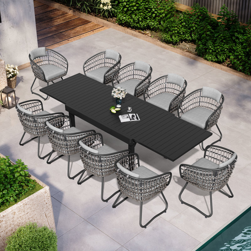 Warran 10 - Person 106’’L Patio Dining Set with Grey Cushions and Extendable Aluminum Table, Grey
