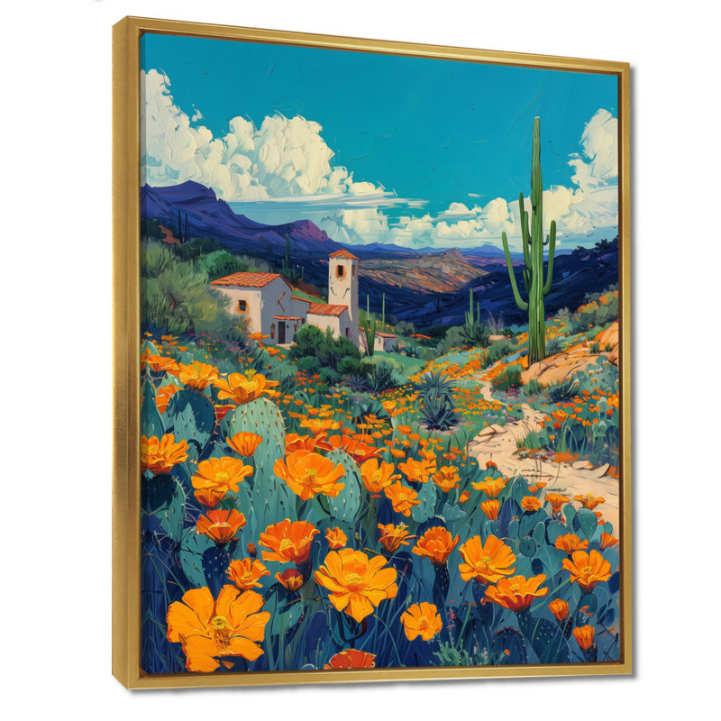 Orange, orange, désert, cactus, paysage, Mexique, I, plantes, art mural, salon, Toile avec cadre flottant or