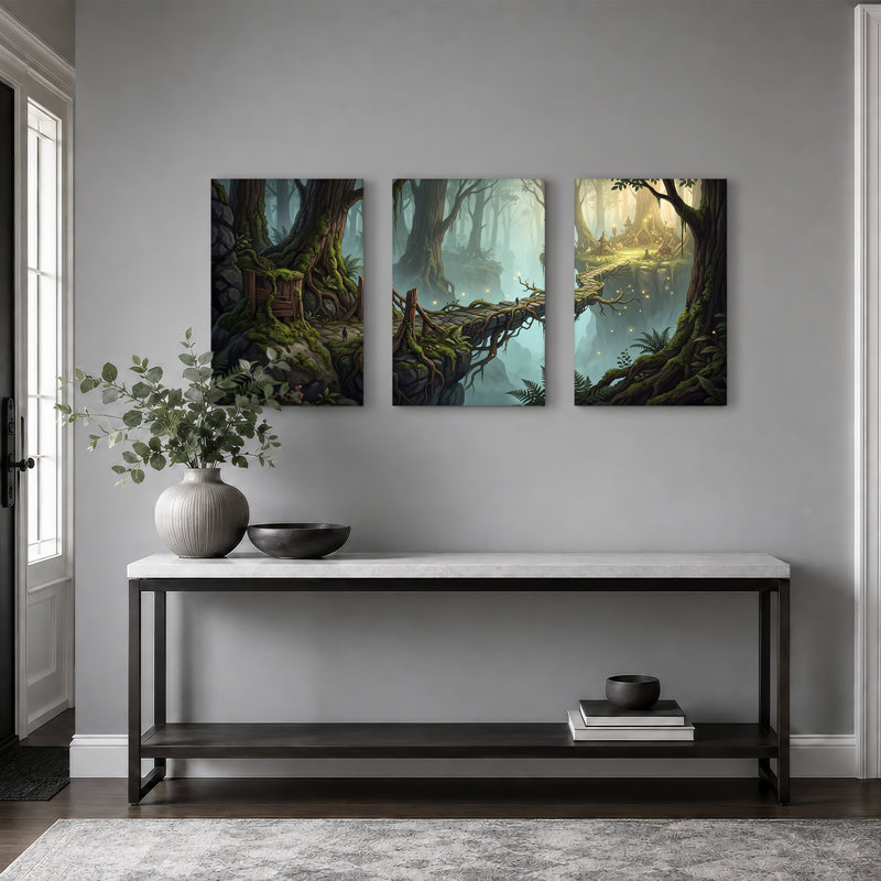 Mossy Forest Bridge Leading To Glowing Fairy Set Of 3 Canvas Wall Art, 36"H x 24"W x 3pcs