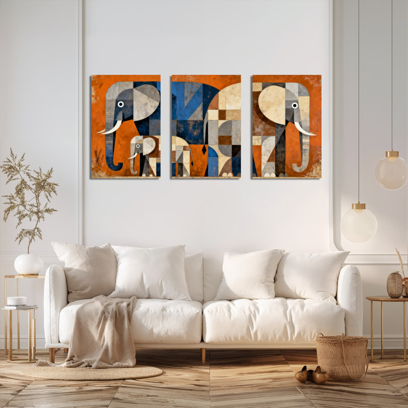 Motif géométrique d'éléphant, reproduction d'art sur toile tendue sur toile abstraite (ensemble de 3), H 30 po x l 60 po