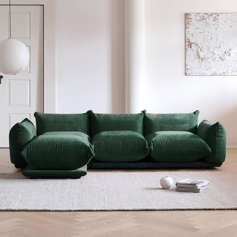 Minarik 3-Seat Chenille Fabric Upholstered Sectional Sofa With Ottoman, Green Chenille, 25.2" H x 103.9" W x 38.58" D