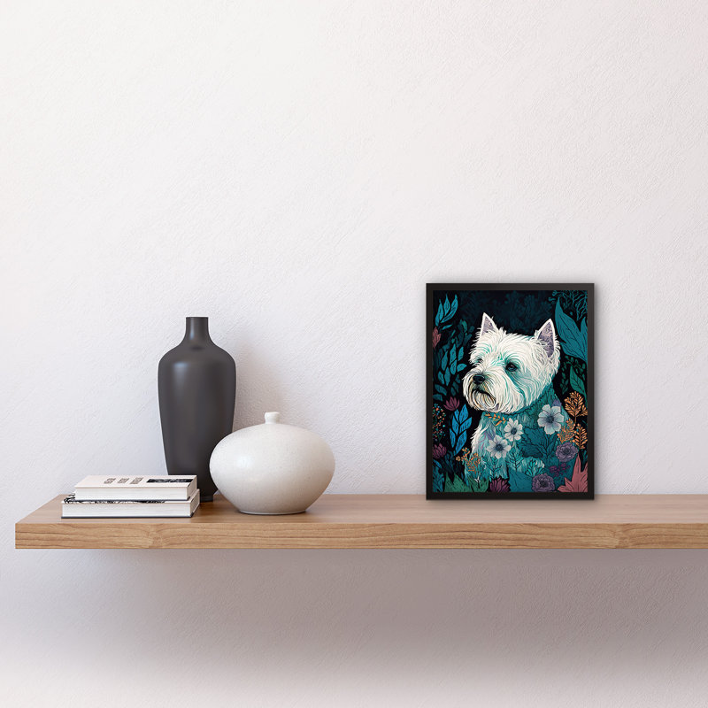 West Highland White Terrier In Flowers Dark Multicoloured Linocut - Single Picture Frame Print