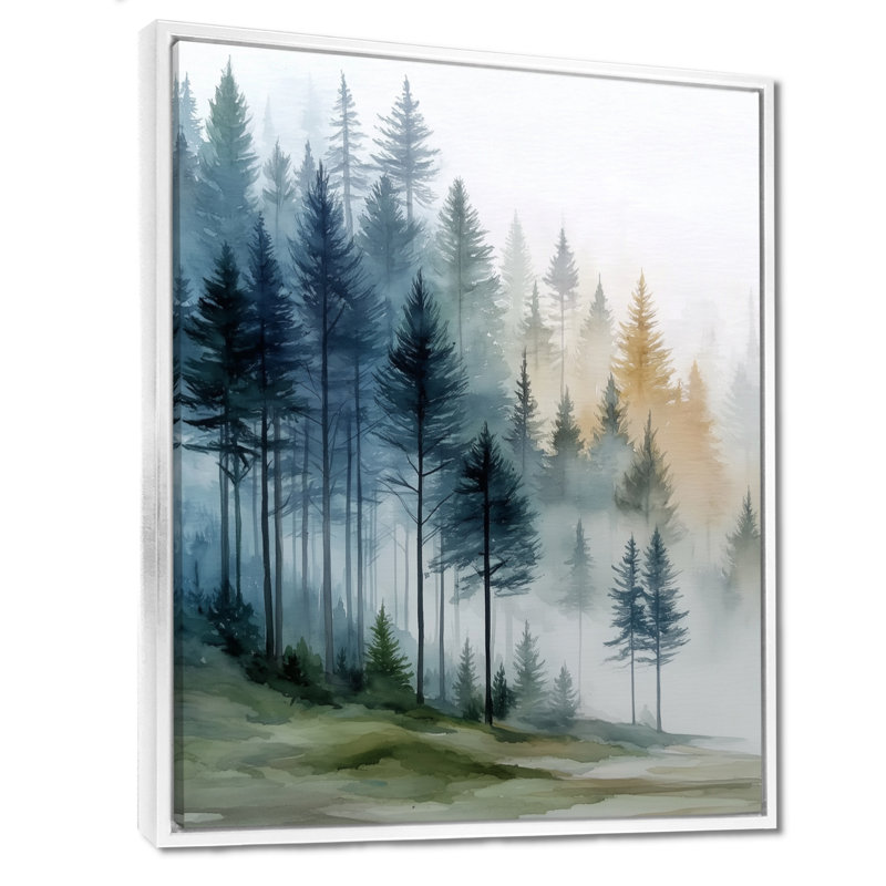 «Morning Fog Pine Tree Mountain Trail», impression encadrée de pin, art mural sur toile bleu nature, H 32 po x l 24 po, Blanc