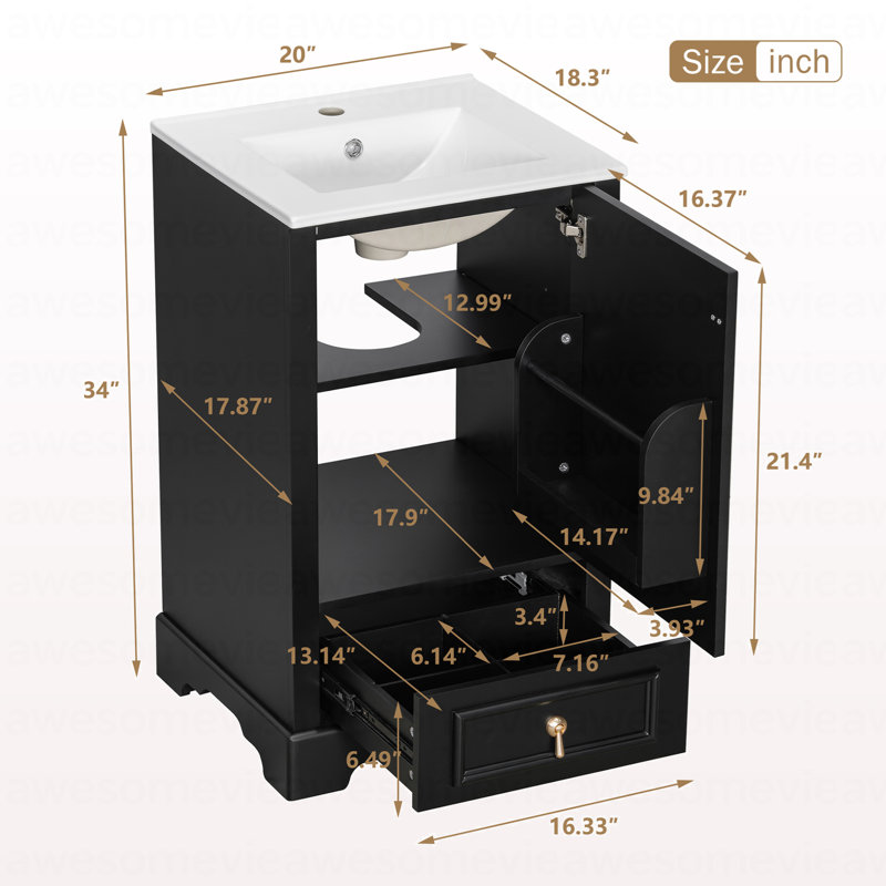 Meuble-lavabo de 20 po avec lavabo en céramique, porte à fermeture en douceur, tablette ajustable en forme de U, tiroir de compartiment et support de porte, style moderne, conception peu encombrante