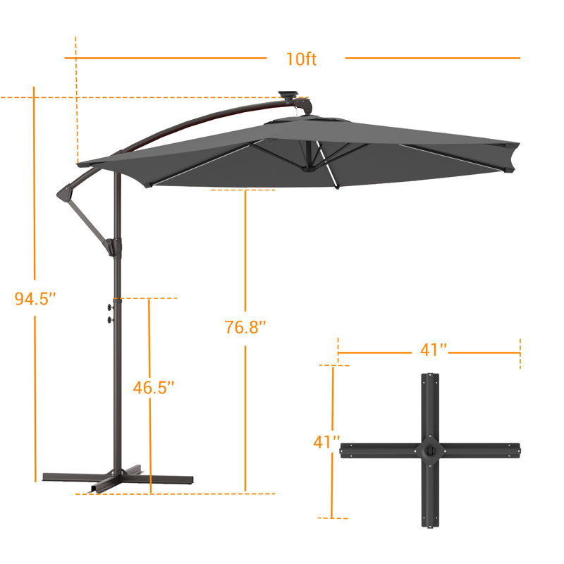 Parasol solaire à DEL de 3 m avec poignée pliable et base en croix, idéal pour terrasse, jardin et piscine, toutes saisons.
