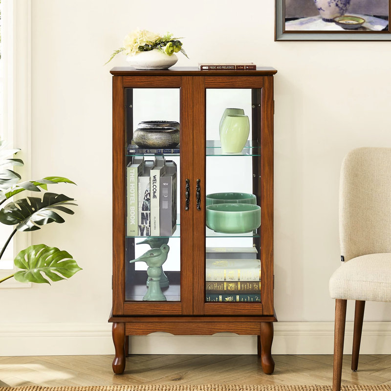 Vitrine en chêne avec portes en verre trempé et dossier en miroir pour ornements éclairés avec beaucoup de rangement, Chêne