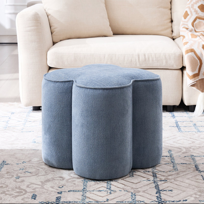 Leiani 18.5" Wide Boulce/Velvet/Linen Upholstered Ottoman, Blue Linen