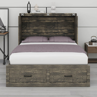 Armoire lit escamotable double, lit plateforme escamotable mural avec station de charge et 1 grand tiroir de rangement, cadre pliable multifonctionnel, peut être plié, pour appartement, chambre à coucher