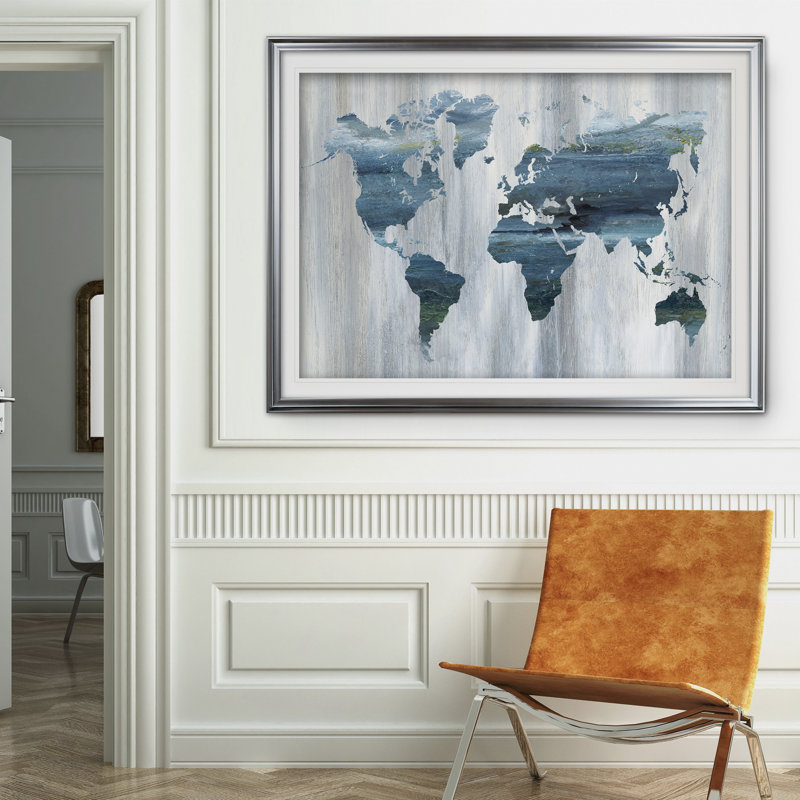 Textural World Map - Picture Frame Print, Silver, 30" H x 40" W x 1.5" D