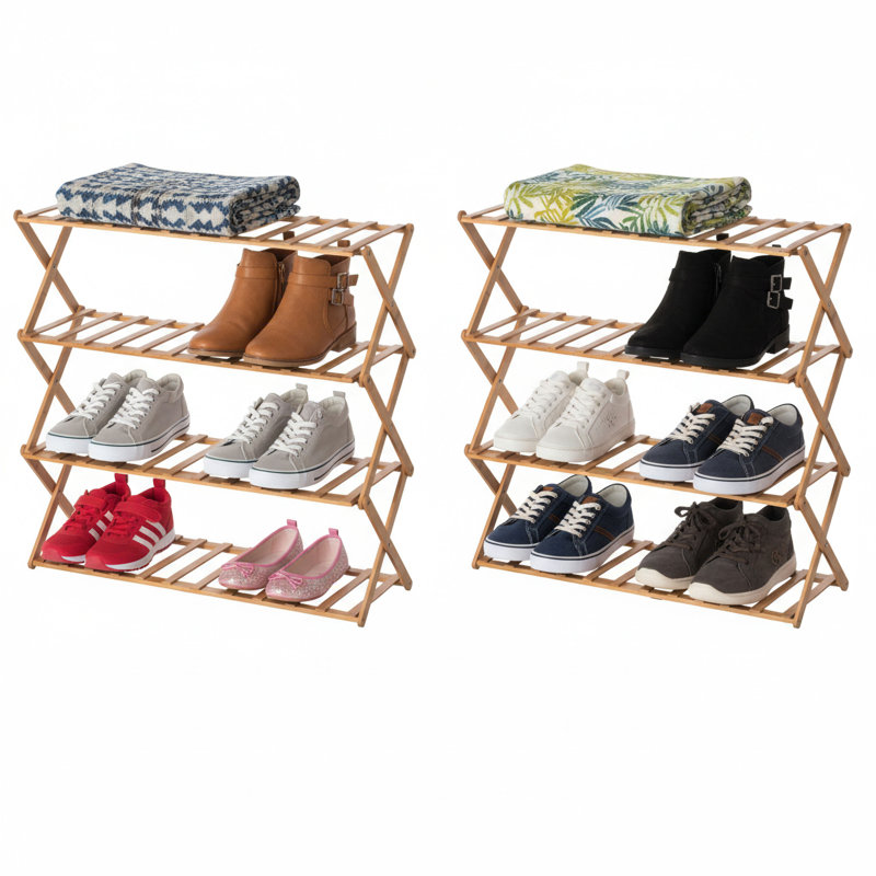  Set Of 2 Foldable Bamboo Shoe Rack And Storage Shelf Multi-purpose Wooden Organizer For Entryway Closet Or Living Room Space-saving Stand For Shoes Plants Towels And Home Décor, 4-tier