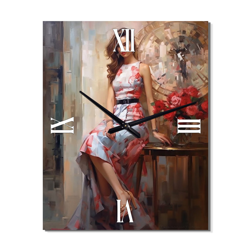 Horloge murale femme courtoise avec des fleurs rouges à Paris, H 40 po x l 30 po x P 1 po