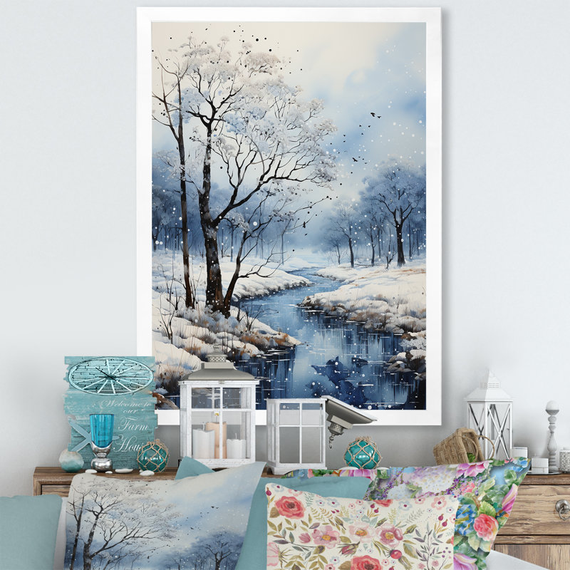 La neige des hivers embrassent le pointillisme II, H 32 po x l 24 po x P 1 po, Cadre photo blanc