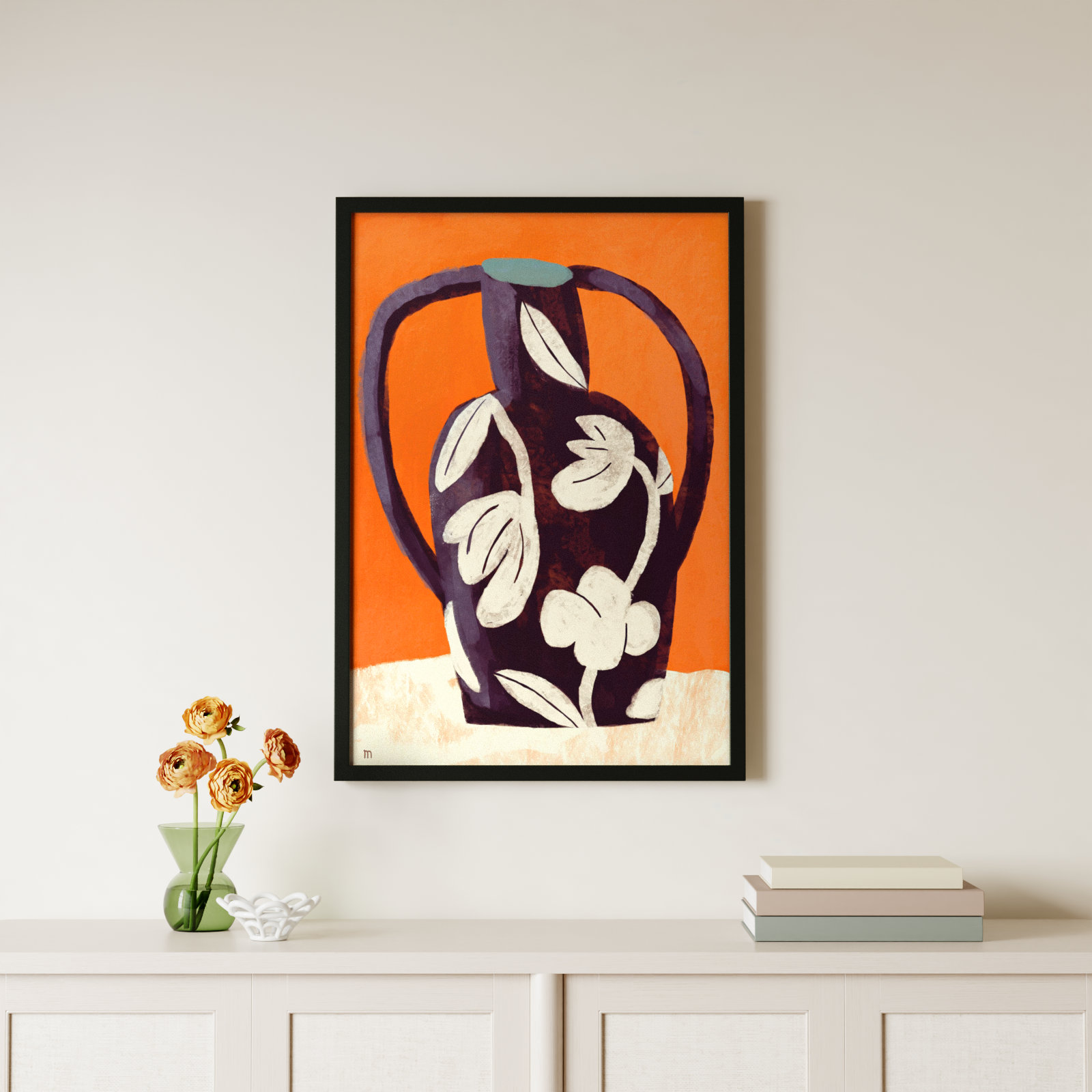 Black Vase White Flowers Print by Marco Marella, 38" H x 26.5" W, Black Framed Paper