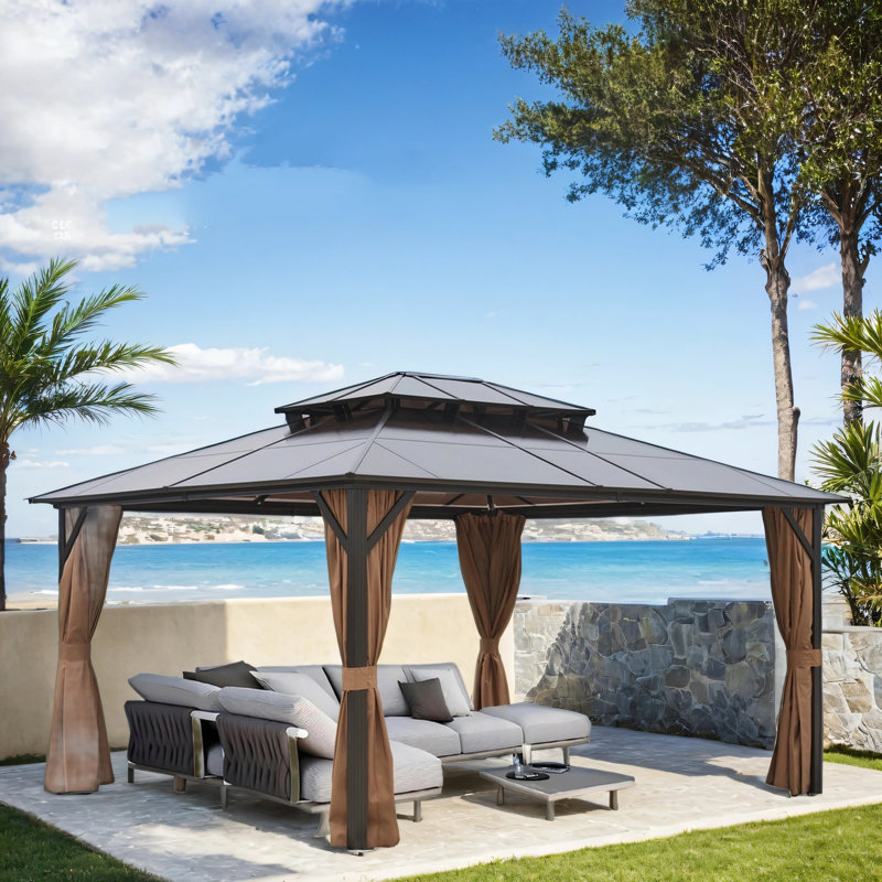 Pavillon de jardin extérieur avec toit en polycarbonate de protection contre les rayons UV, Brun