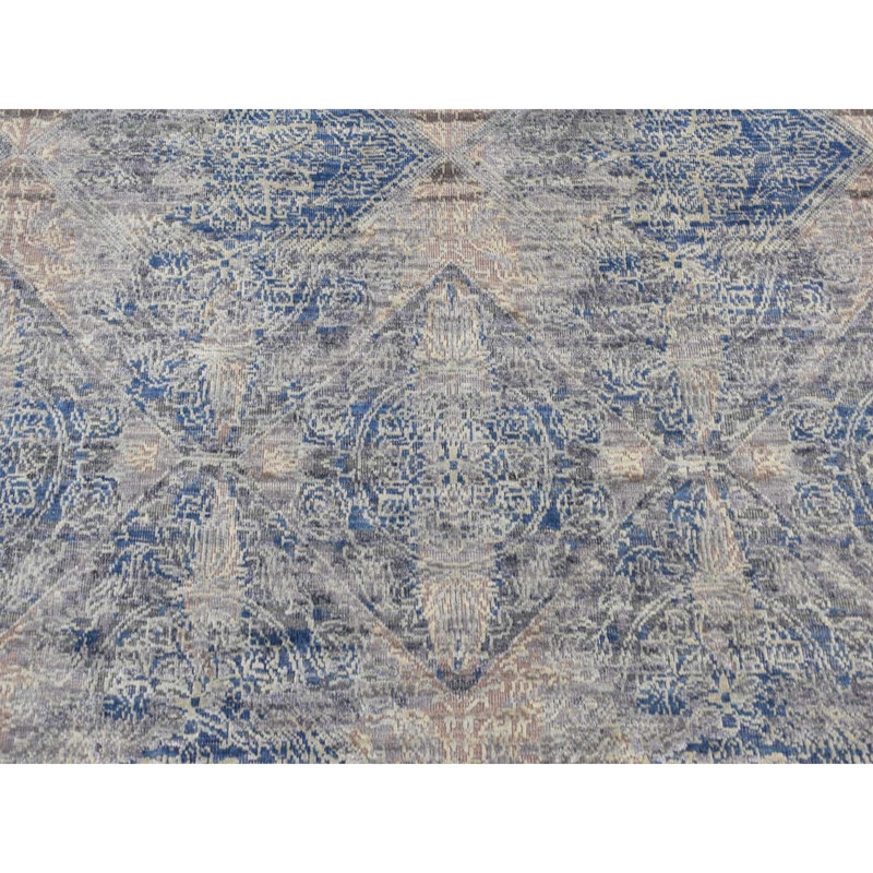 Tapis gris en soie avec laine noué à la main 4 pi 9 po x 7 pi