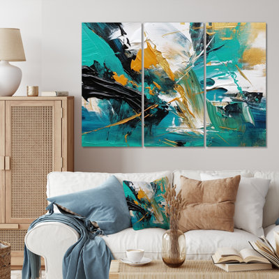 Teal Yellow Cubist Kaleidoscope - 3 Piece Wrapped Canvas Print