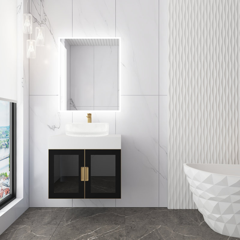 Meuble-lavabo mural moderne de luxe avec comptoir à surface solide de 36 po et vasque ovale en verre, Transparent