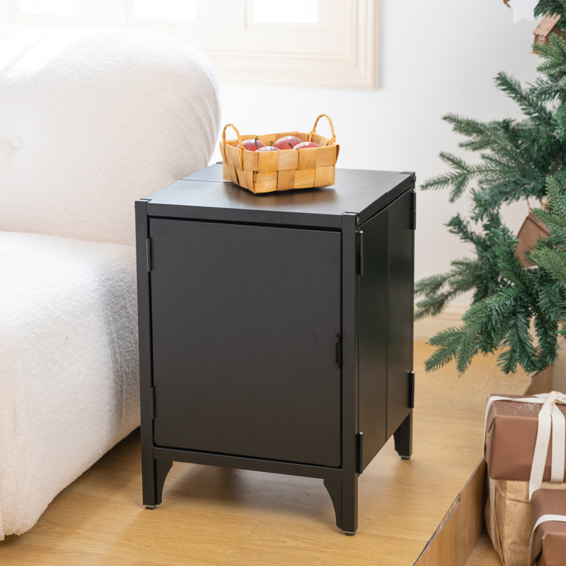 Foldable Metal Night Stand Side Table Cabinet, Black
