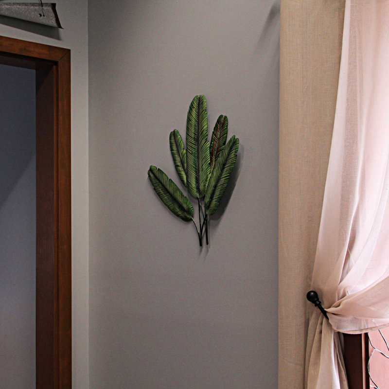 Sculpture tropicale en métal vert feuille de bananier et plaque d'art murale avec style île côtière - L 18 po x l 1,75 po x H 20 po