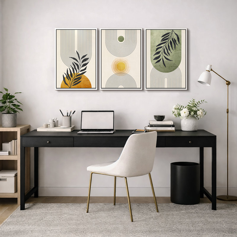 «Mid Century Modern Boho», pastel vert géométrique, feuille de palmier jungle, H 36 po x l 72 po, Blanc