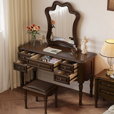 Meuble-lavabo rétro 47,24 po en bois d'acajou massif avec miroir et tabouret