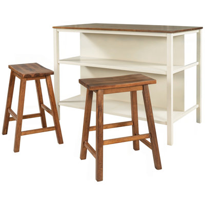 Solid Wood Rustic 3-Piece 45" Stationary Kitchen Island Set With 2 Seatings,  Dining Table Set Prep Table Set With 2 Open Shelves For Small Places