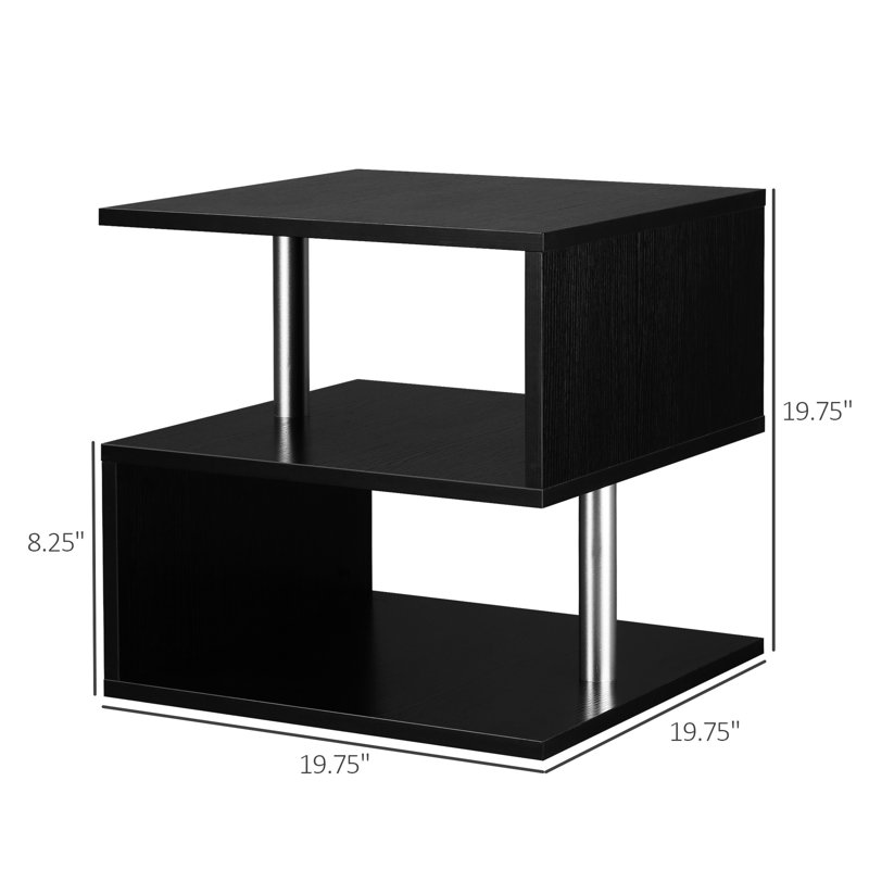 Table basse de 20 po en forme de S noire avec rangement, style contemporain, étagère de rangement d'appoint moderne avec mât en acier, table, poteaux pour la stabilité
