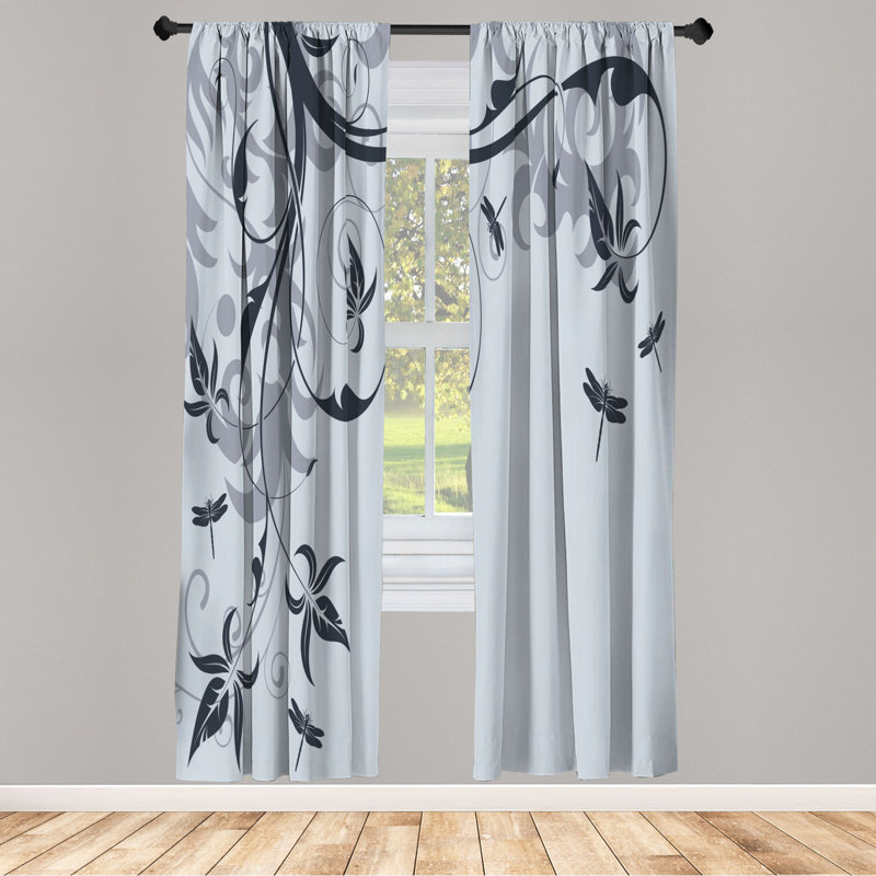 Microfiber Floral Semi-Sheer Rod Pocket Curtain Panels, 28" W x 63" L, Gray/Black