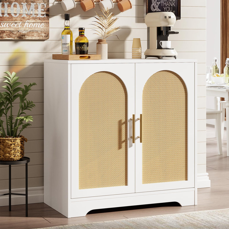 Buffet 30 "en rotin 30 po - Grande armoire de rangement avec 4 portes, console moderne, armoire et bar pour salon, cuisine, couloir, salle à manger, entrée, blanc