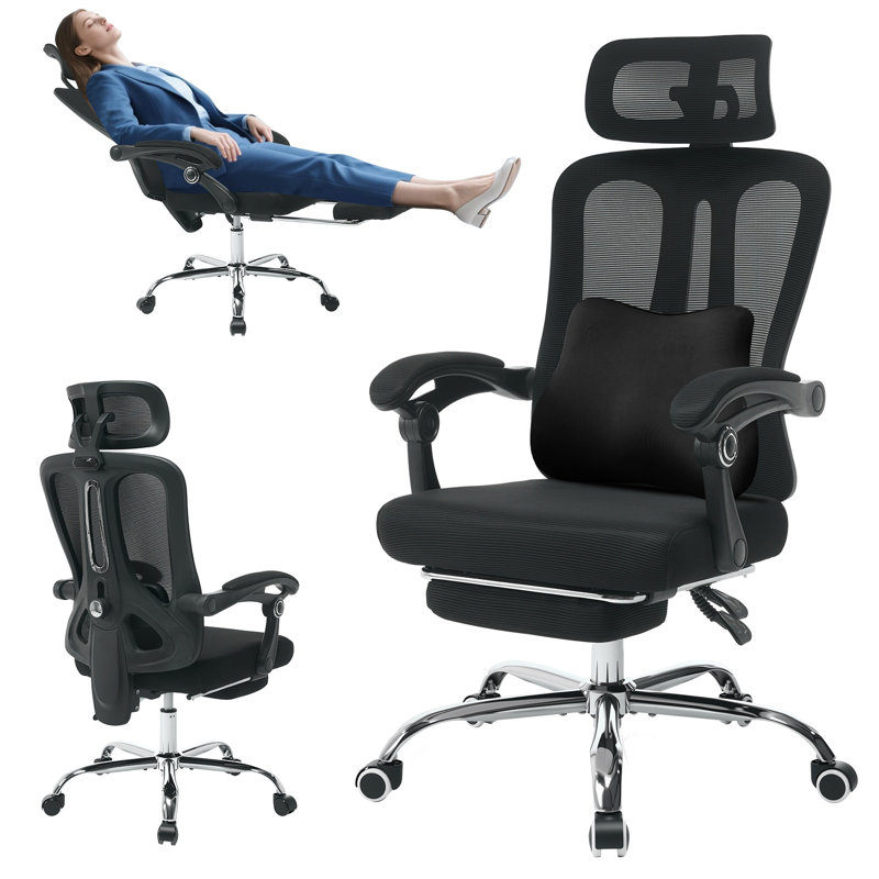 Rebrilliant Office Chair with Headrest, Black+Pillow