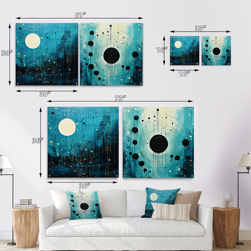 Bleu noir abstrait minimalisme lignes rondes I - Minimalisme acrylique ensemble d'art mural en verre, H 16 po x l 33 po