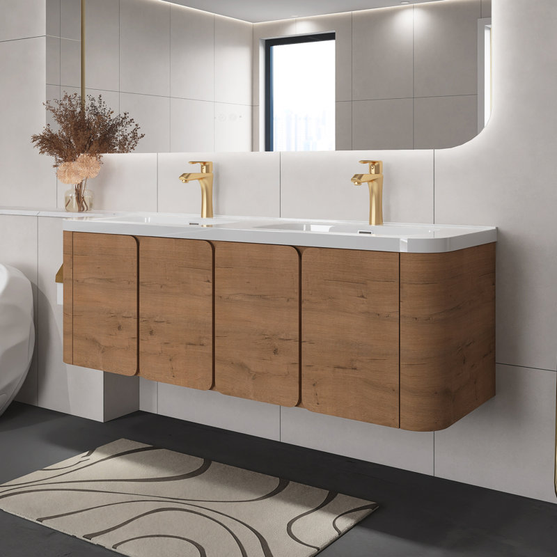 Meuble-lavabo mural imitation chêne 60 po avec lavabo en résine blanche, 4 portes à fermeture en douceur, 59"
