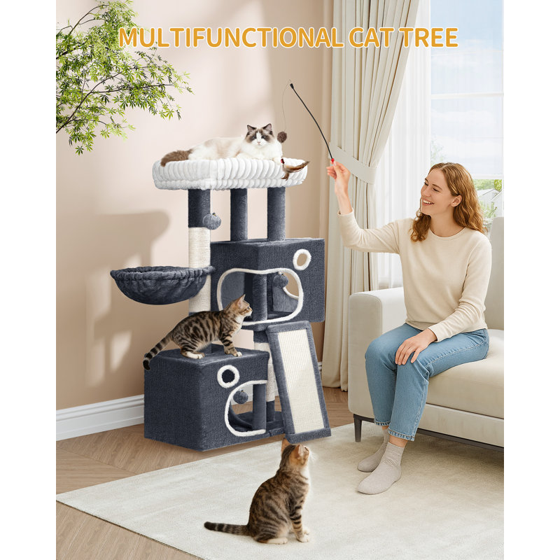 98cm Cat Tree, Cat Tower for Indoor Cats, Multi-Level Cats House Furniture with Scratching Post, 2 Caves, Large Platform, Scratching Ramp, Pompom