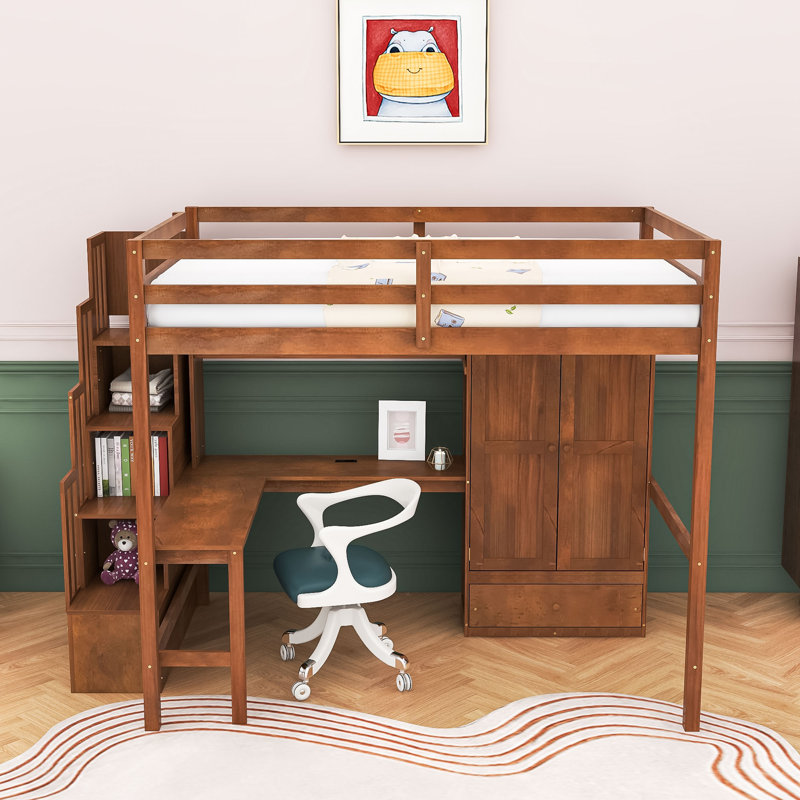Lit mezzanine double multifonctionnel avec bureau en L, armoire et station de charge, Noyer