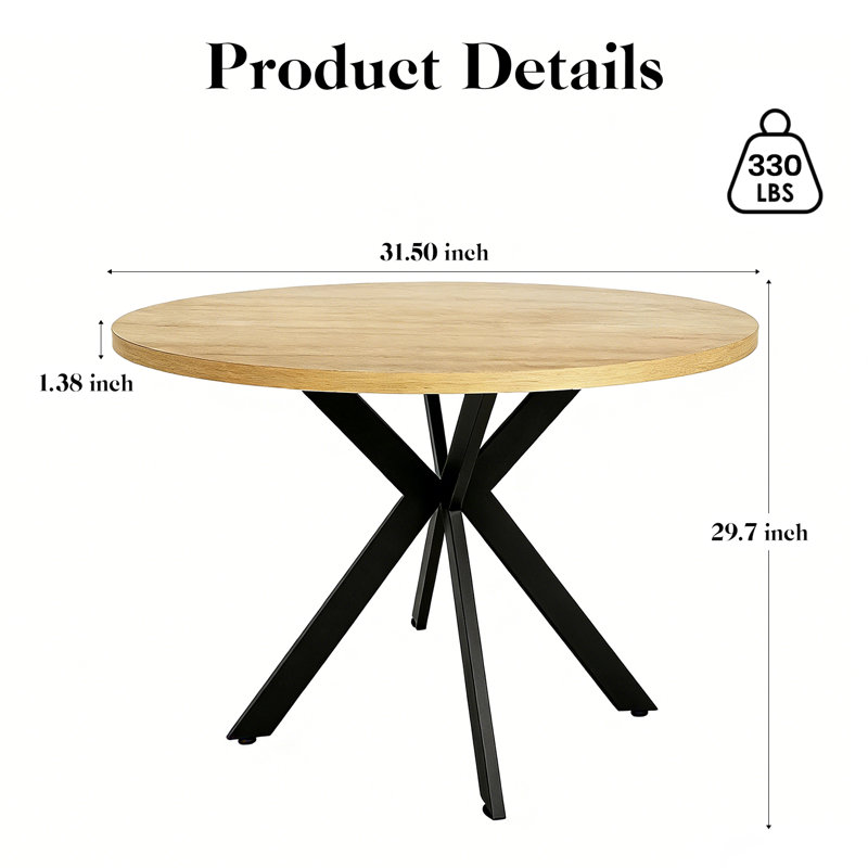 Table de salle à manger ronde 31,5 po en teck avec pattes en métal noires en forme de X, petite table de cuisine moderne pour la salle à manger, un appartement et un coin-repas