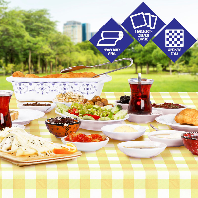 Vinyl Picnic Fited Tableclth Rectangle 3 Pcs 30 X 96 Inch Burgundy, 96" x 30", Yellow