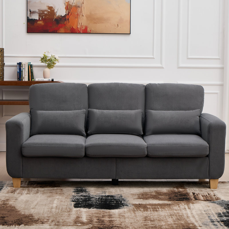 3-Seater Corduroy Sofa with 2 Throw Pillows, Deep-Seated Upholstered Couch with Square Arms, Cosy Living Room Furniture, Grey