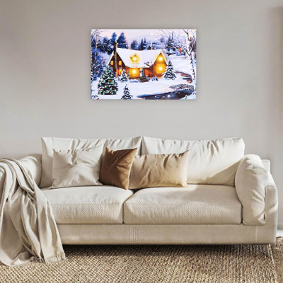 Holiday Christmas Lighted Up Snowy Scene, Unframed Wall Art, 24"L X 36"W