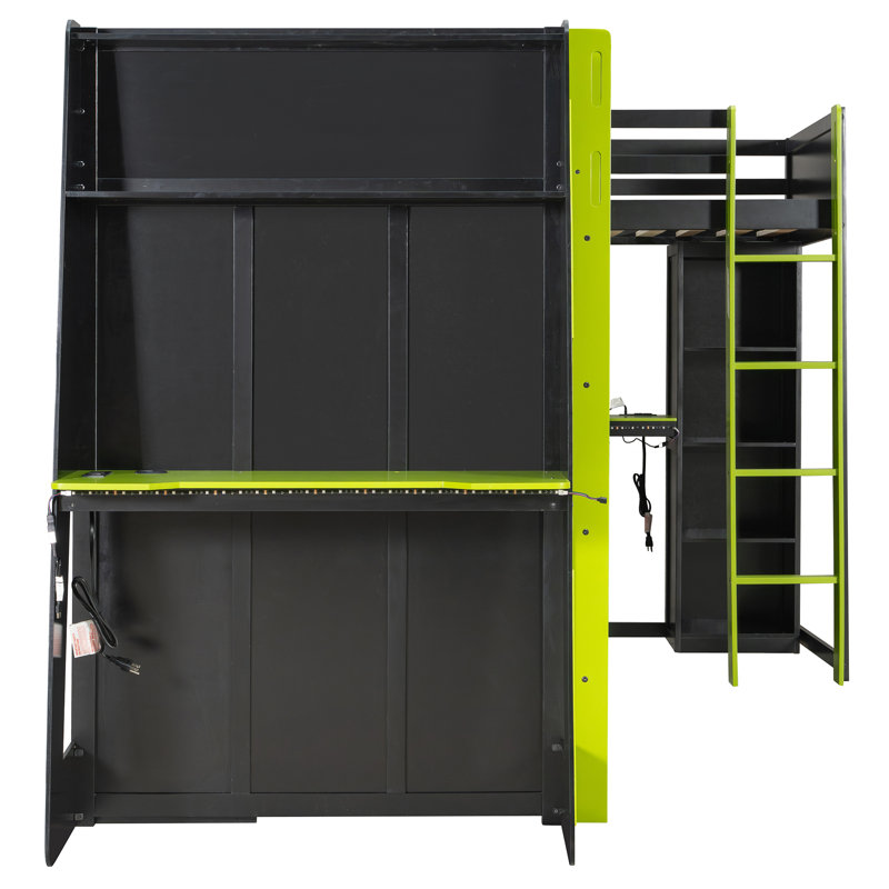 Lit mezzanine simple en L en bois, Vert