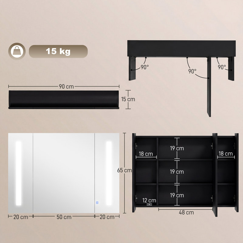 900mm W 650mm H Wall Mounted Required Frameless Medicine Cabinet with Mirror and Adjustable Shelves